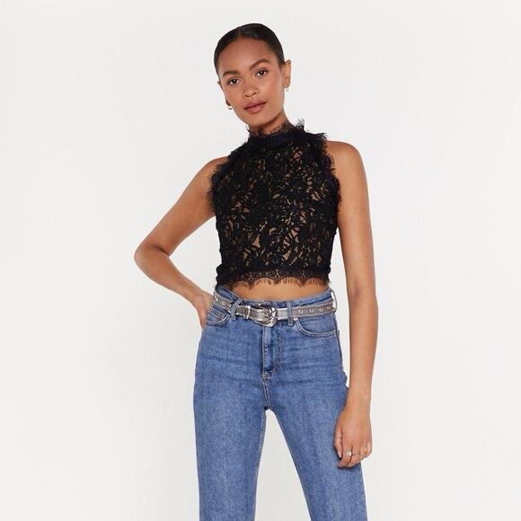 Zara Trafaluc Black Floral Lace Halter Embroidered Sleeveless Crop Tank Top Sz S - Picture 3 of 9